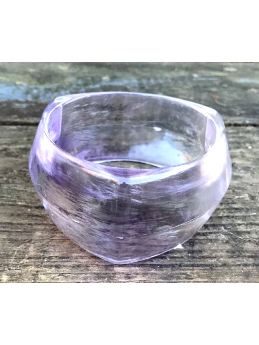 Vintage Triangle Chunky Lucite Bangle Bracelet Purple Clear Silver Brush Stroke
